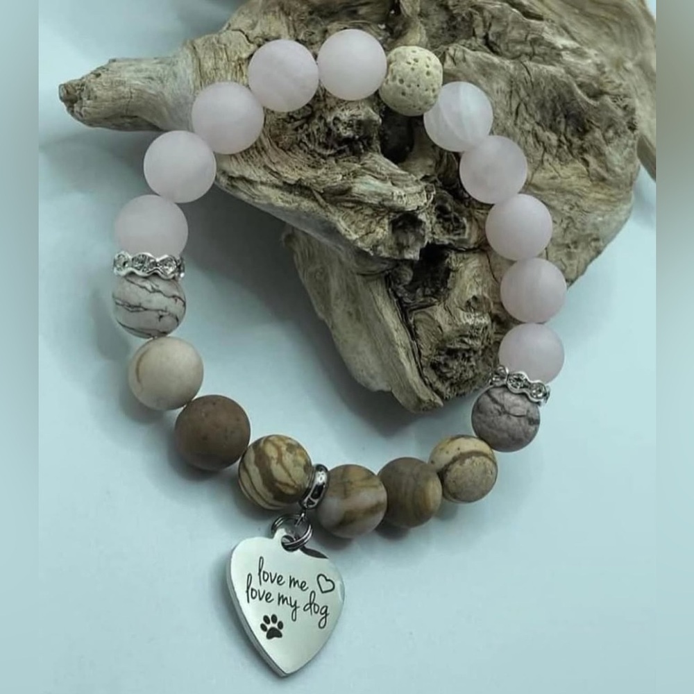 Semiprecious Stone Beaded Bracelet with Heart Charm ‘love me love my dog’